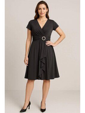 Black Cascade Faux Wrap Dress Plus Sz 16 Rhinestone Buckle Lined Stretch